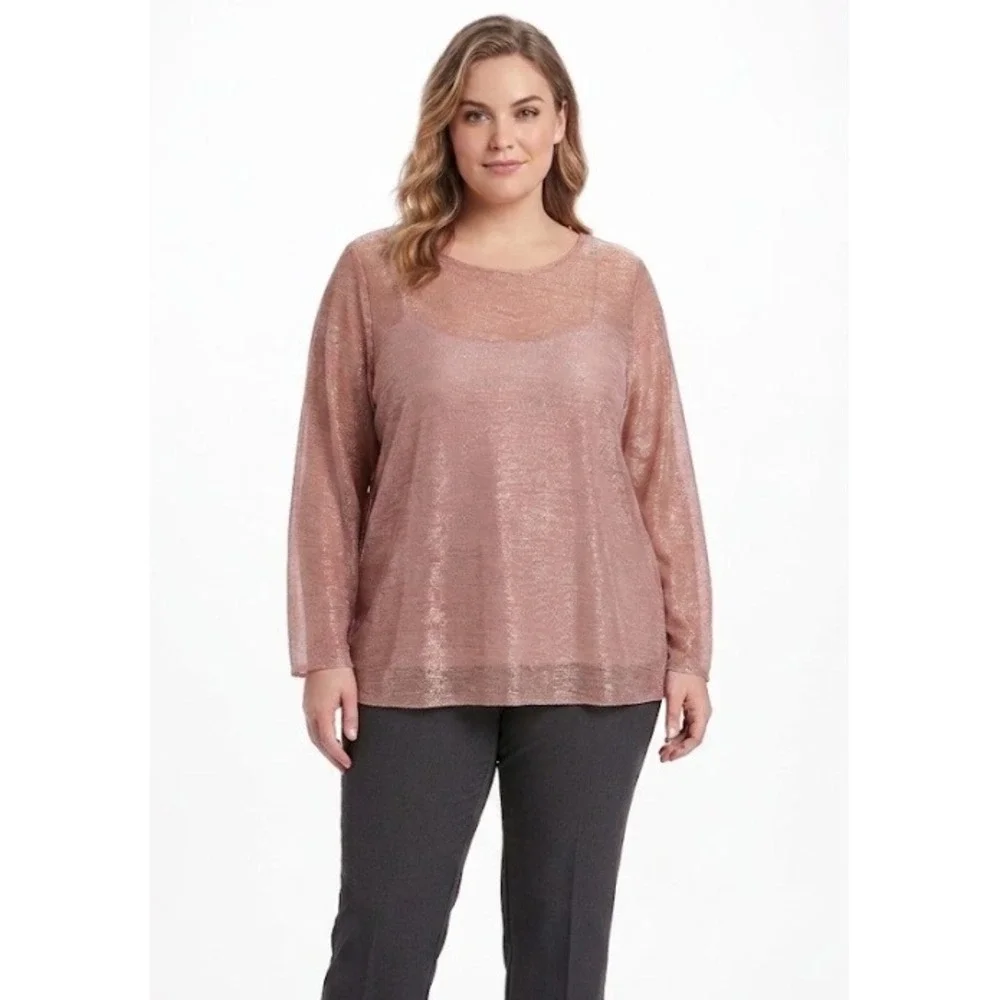 New INC Metallic Knit Top 3X Rose Gold‎ Long Sleeve Shimmer Blouse Camisole Set